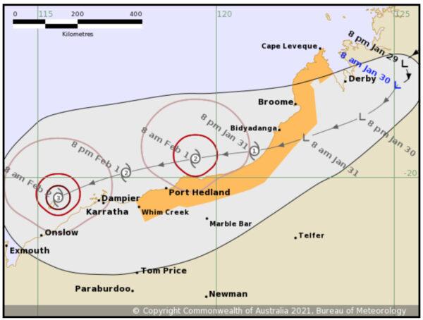 Issued at 8:43 a.m. AWST Saturday, Jan. 30 2021. Refer to Tropical Cyclone <a href="http://www.bom.gov.au/cgi-bin/wrap_fwo.pl?IDW24100.html">Advice Number 5</a>.