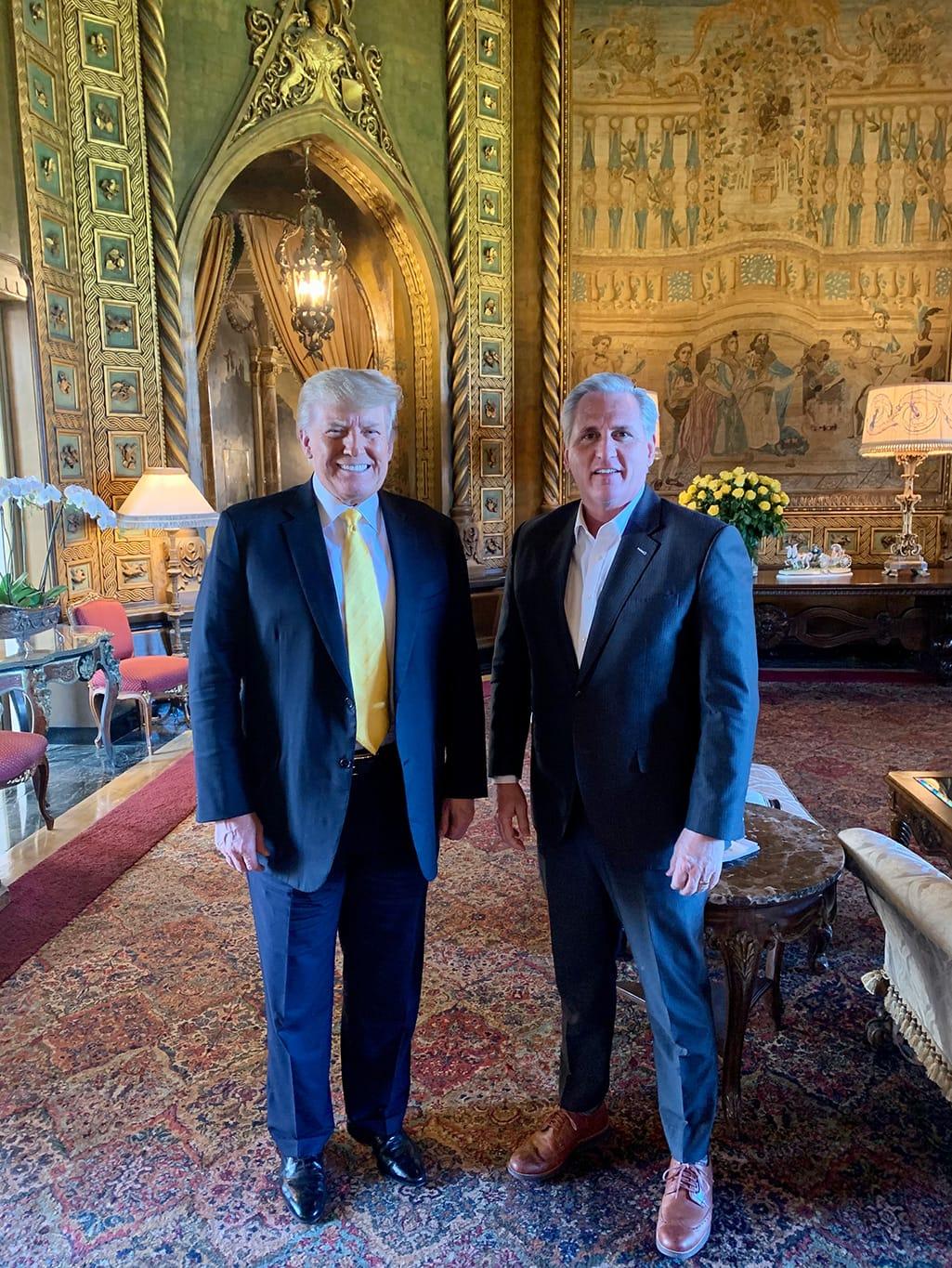 Former President Donald Trump poses with House Minority Leader Kevin McCarthy (R-Calif.) on Jan. 28, 2021. (Courtesy of Save America PAC)