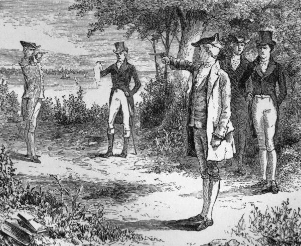 A code of honor sparked the duel between American politicians Alexander Hamilton and Aaron Burr, in Weehawken, New Jersey. (Hulton Archive/Getty Images)