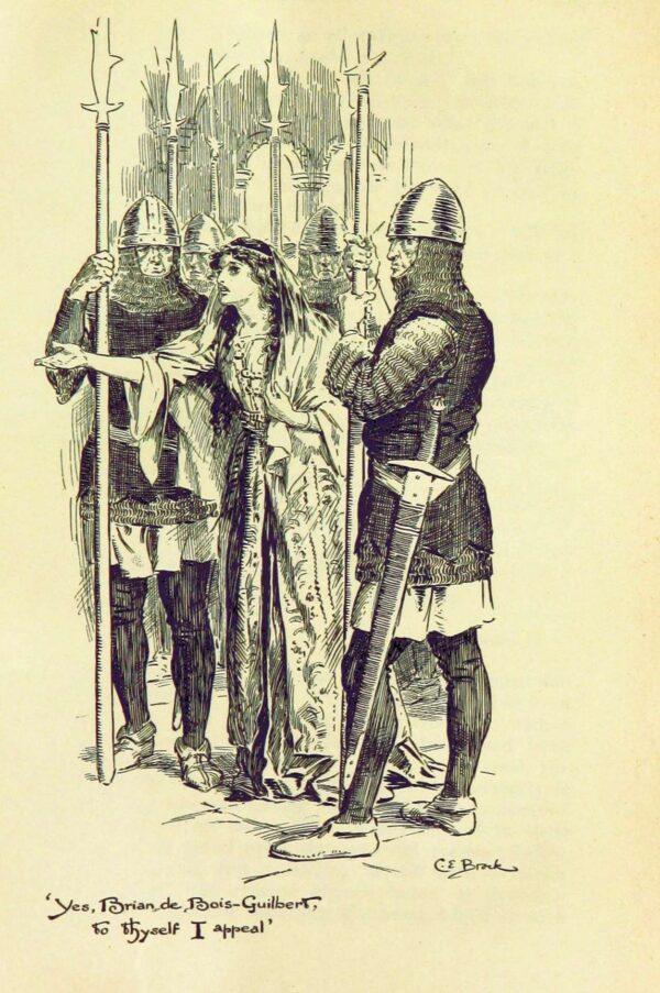Rebecca appeals to Brian de Bois-Guilbert, in an 1897 illustration by C.E. Brock for "Ivanhoe" by Walter Scott. The British Library. (Public Domain)