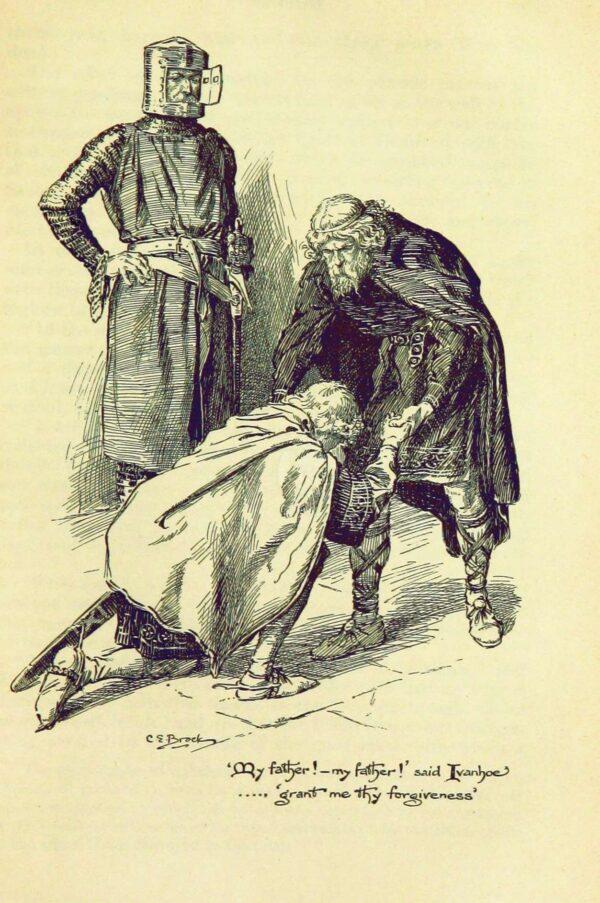 Ivanhoe begs his father’s forgiveness, in an 1897 illustration by C.E. Brock for “Ivanhoe” by Walter Scott. The British Library. (Public Domain)