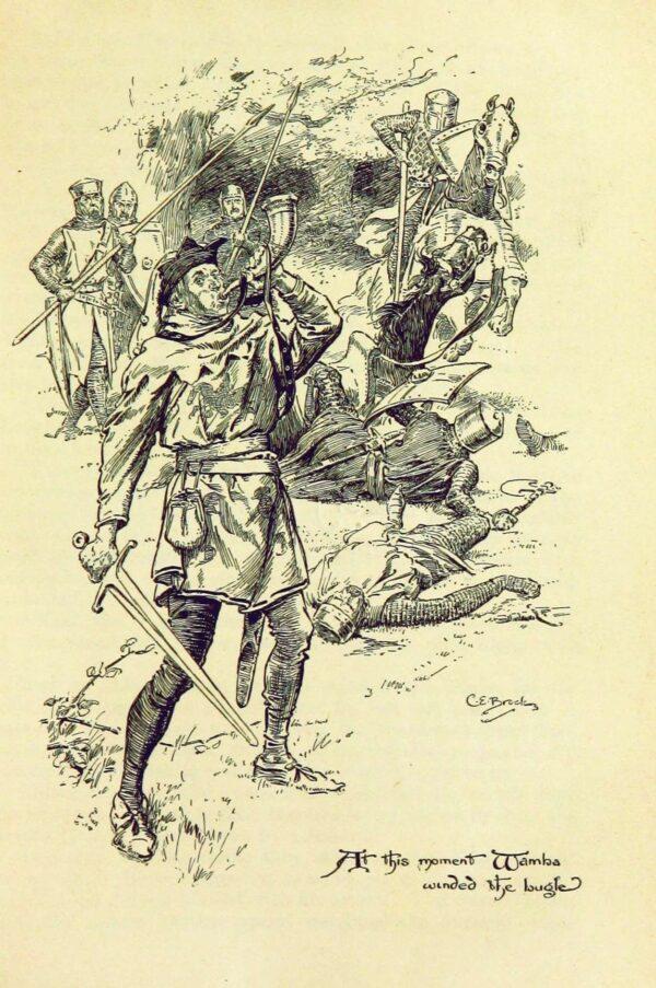 Wamba the Fool blows a bugle, in an 1897 illustration by C.E. Brock for "Ivanhoe" by Sir Walter Scott. The British Library. (Public Domain)