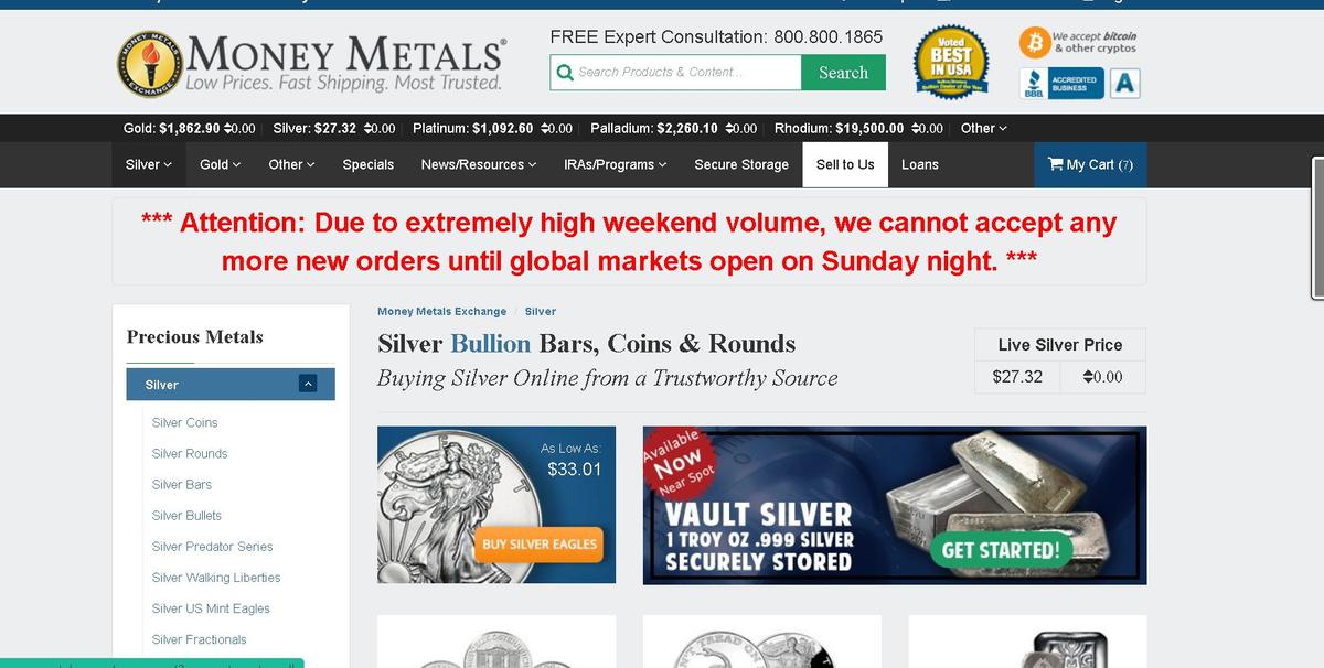 A screenshot of Moneymetals.com at noon on Jan. 31, 2021. (Screenshot/The Epoch Times)
