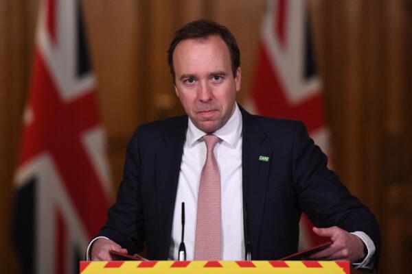 UK Health Secretary Matt Hancock speaks during a press briefing at Downing Street in London on Feb. 1, 2021. (Chris J Ratcliffe/Getty Images)