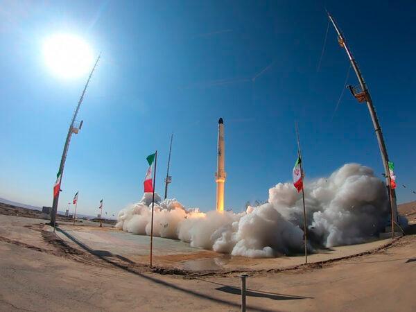 The launch of Iran's newest satellite-carrier rocket is shown at an undisclosed location in Iran, on Feb. 1, 2021. (Iranian Defense Ministry via AP)