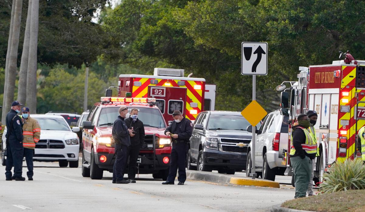 Law enforcement officers block an area where a shooting wounded several FBI while serving an arrest warrant in Sunrise, Fla., on Feb. 2, 2021. (Marta Lavandier/AP Photo)