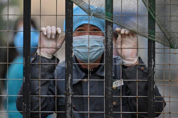 A worker wearing a face mask looks out from an entrance of a hospital toward the Wuhan center for disease control and prevention in Wuhan, China's central Hubei province on Feb. 1, 2021. (Hector Retamal/AFP via Getty Images)