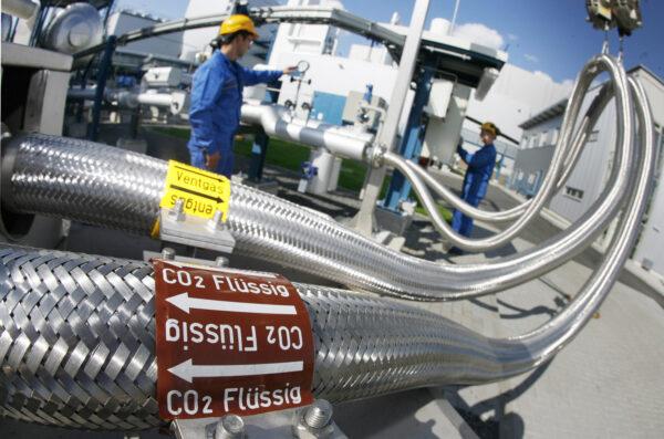 Pipes carrying liquid CO2 at the "Schwarze Pumpe" ("Black Pump") power station in Werder, Germany on Sept. 8, 2008. The power station uses Carbon Capture and Storage, or CCS, which captures the greenhouse gases produced when fossil fuels are combusted. Michael Urban/ DDP/AFP via Getty Images)