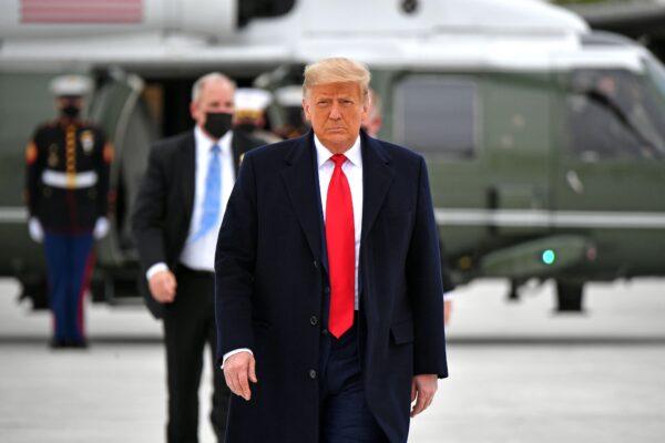 Then-President Donald Trump steps off Marine One to board Air Force One before departing Harlingen, Texas on Jan. 12, 2021. (Mandel Ngan/AFP via Getty Images)