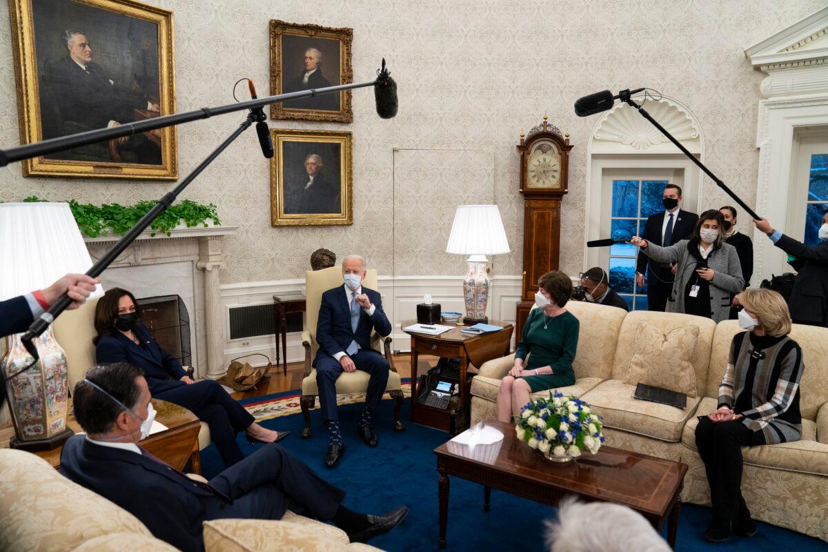 President Joe Biden meets Republican lawmakers to discuss a COVID-19 relief package, in the Oval Office of the White House in Washington on Feb. 1, 2021. (Evan Vucci/AP Photo)