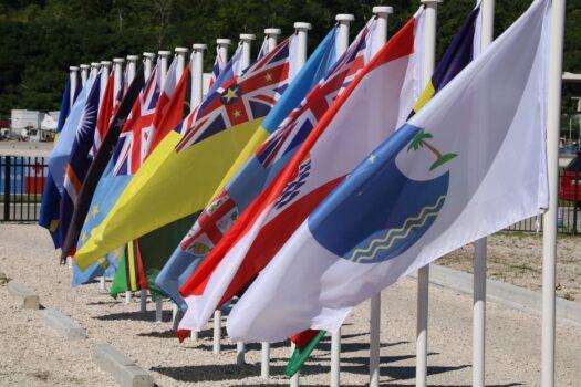 This picture taken shows flags from the Pacific Islands countries being displayed in Yaren on the last day of the Pacific Islands Forum (PIF) on Sept. 5, 2018. (Mike Leyral/AFP via Getty Images)