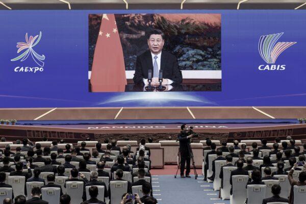 Chinese leader Xi Jinping delivers a speech via video at the opening ceremony of the China-ASEAN Business and Investment Summit, in Nanning, in southern Guangxi, China, on Nov. 27, 2020. (STR/AFP via Getty Images)