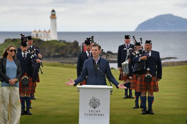 Eric Trump and his wife Lara attend the opening of Trump Turnberry's new golf course, the "King Robert The Bruce" course in Turnberry, Scotland, on June 28, 2017. (Jeff J Mitchell/Getty Images)