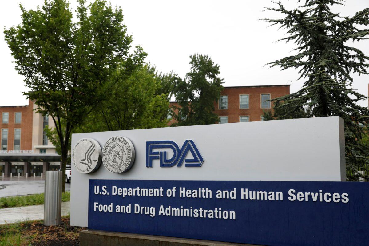 A sign outside the Food and Drug Administration (FDA) headquarters in White Oak, Maryland, on Aug. 29, 2020. (Andrew Kelly/Reuters)