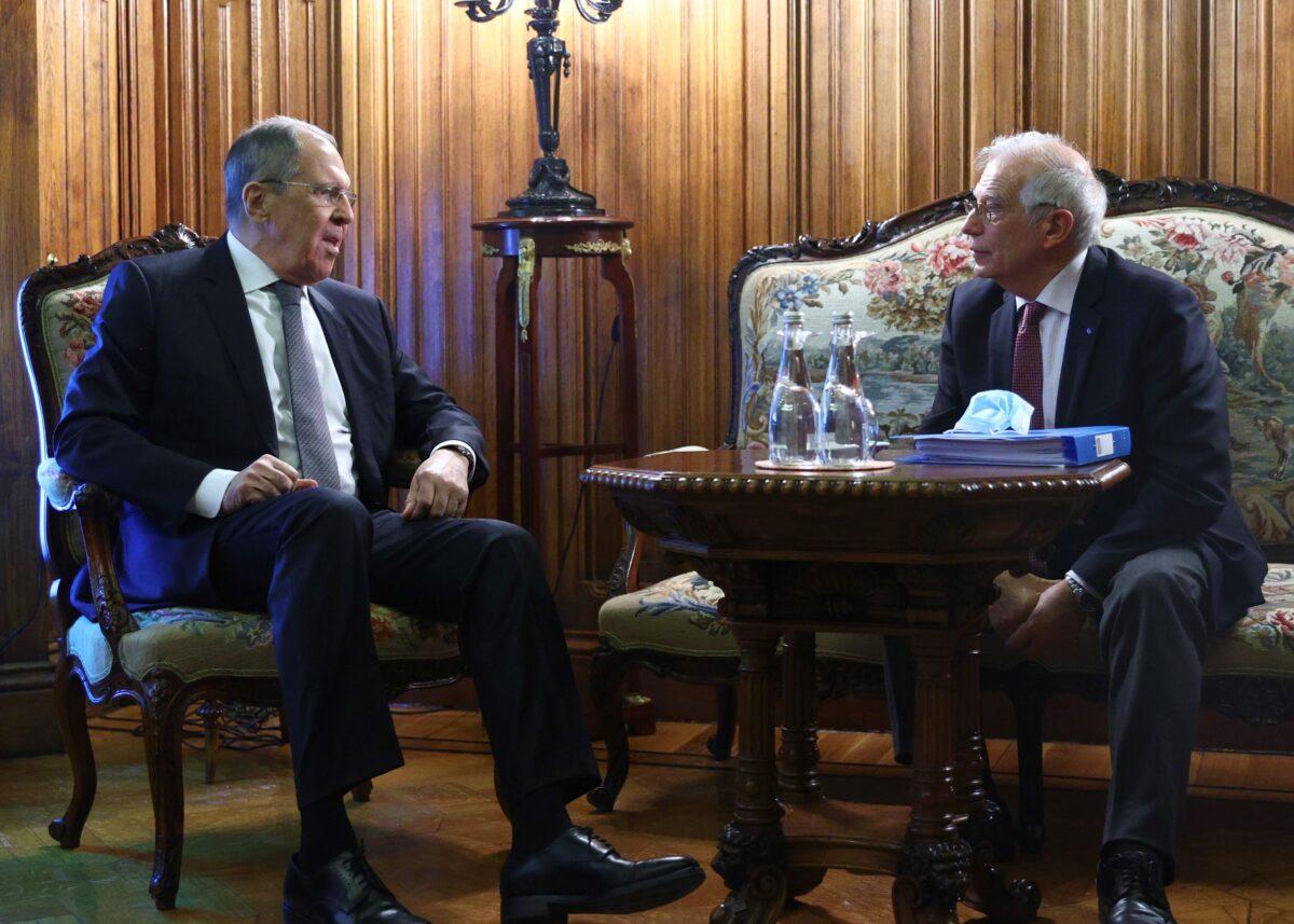 Russian Foreign Minister Sergey Lavrov (L) and High Representative of the EU for Foreign Affairs and Security Policy, Josep Borrell (R) talk during their meeting in Moscow, Russia on Feb. 5, 2021. (Russian Foreign Ministry Press Service via AP)