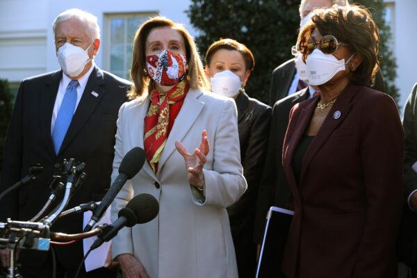 House Speaker Nancy Pelosi (D-Calif.) speaks to reporters, as Reps. Steny Hoyer (D-Md.) (L), Nydia Velazquez (D-N.Y.), and Maxine Waters (D-Calif.) listen, outside the White House in Washington on Feb. 5, 2021. (Chip Somodevilla/Getty Images)