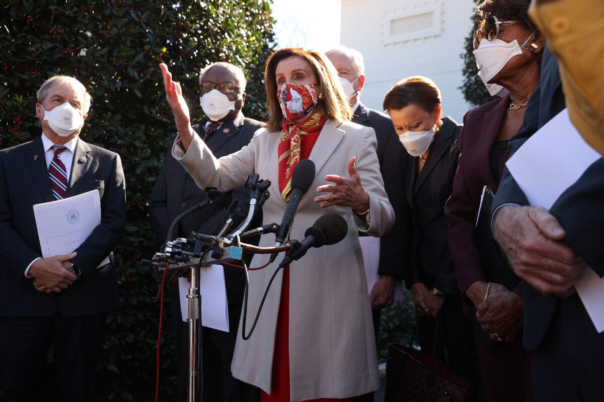 House Speaker Nancy Pelosi (D-Calif.) and other Democrats speak to reporters after meeting with President Joe Biden, outside the West Wing of the White House in Washington on Feb. 5, 2021. (Chip Somodevilla/Getty Images)