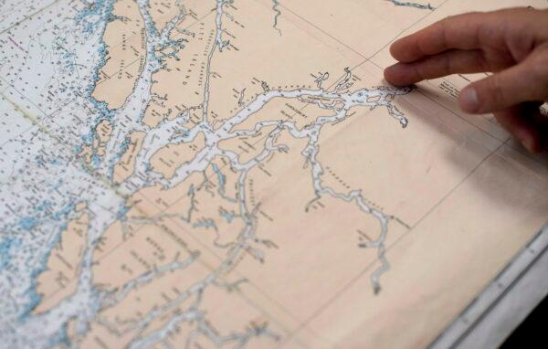 A proposed tanker route out of Kitimat, B.C., related to the Northern Gateway project is shown on a map on Sept, 19, 2013. The project was effectively cancelled after the federal government banned oil tankers from B.C.’s north coast. (The Canadian Press/Jonathan Hayward)