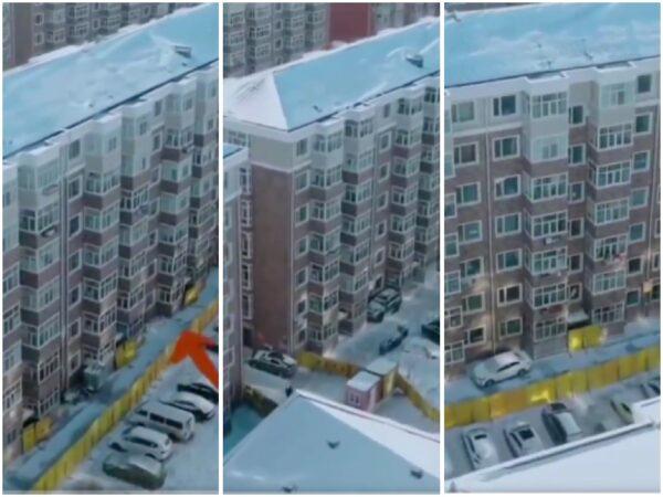 Screenshots of online video show residential buildings in Harbin are sealed off and boarded up.