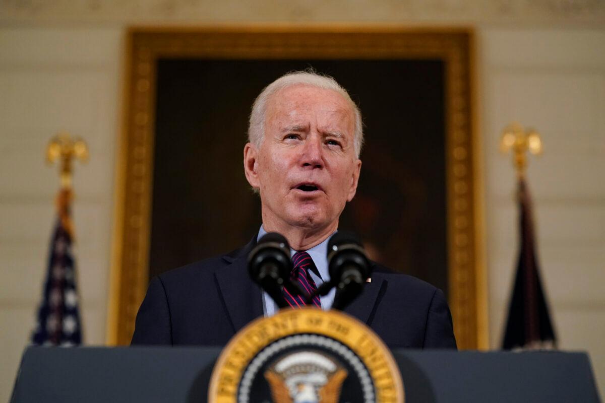 President Joe Biden speaks about the economy in the State Dining Room of the White House in Washington on Feb. 5, 2021. (Alex Brandon/AP Photo)
