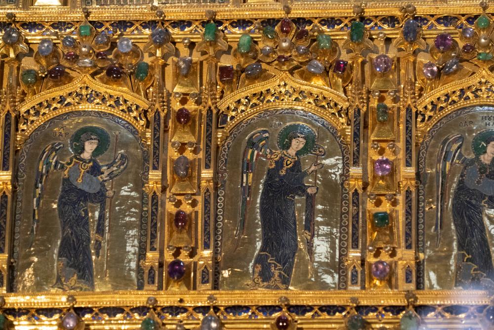 A detail of the Pala d’Oro (altar retable) that houses the relics of St. Mark. Between the 10th and 12th centuries, Venetians commissioned craftsmen in Constantinople to create the ornate Pala d’Oro with over 250 enamels. (Andrea Izzotti/Shutterstock.com)