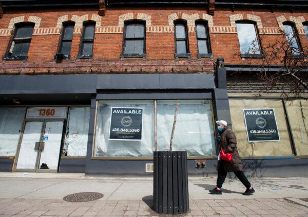 Closed stores are seen on Queen Street in Toronto on April 16, 2020. (Nathan Denette/The Canadian Press)