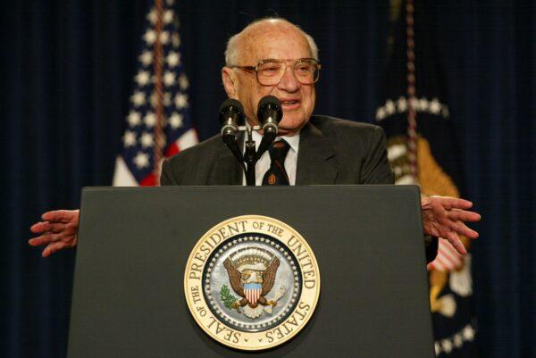 Milton Friedman, recipient of the 1976 Nobel Prize for economic science, speaks during a White House event in Washington on May 9, 2002. (Alex Wong/Getty Images)