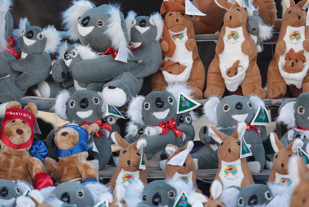 Koala and kangaroo soft toys sit on display for sale at the Queen Victoria Market in Melbourne, Australia, on July 11, 2014. (Scott Barbour/Getty Images)
