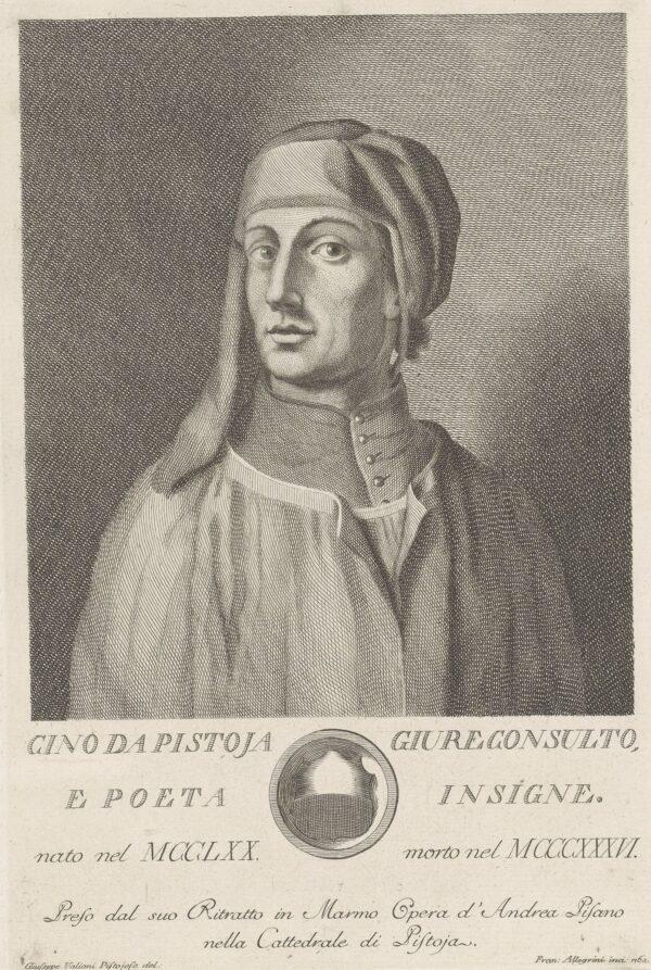 A print portrait of Cino da Pistoia, with the original drawing by Giuseppe Valiani. (Public Domain)