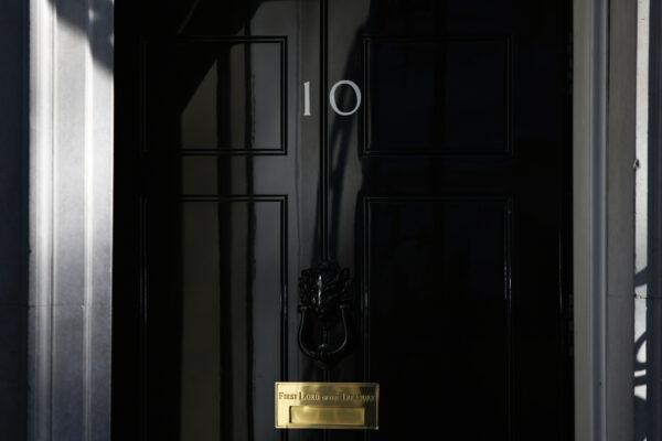 A view of the front door at 10 Downing Street in London on April 7, 2020. (Chris J Ratcliffe/Getty Images)