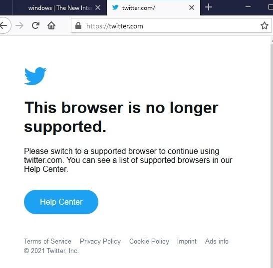 Twitter displays an error message when it is used on The New Internet browser on Feb. 4, 2021. (The Epoch Times)