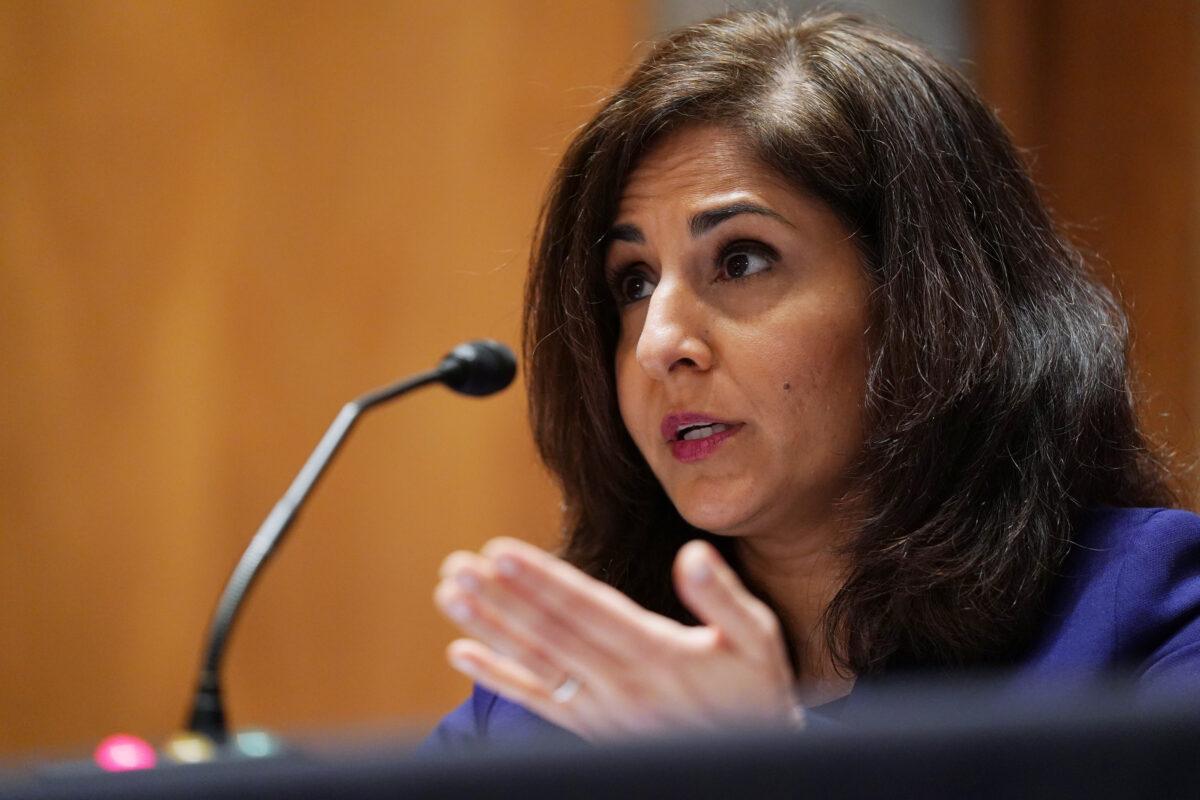Neera Tanden, nominee for director of the Office of Management and Budget, speaks during a confirmation hearing before the Senate Homeland Security and Government Affairs Committee in Washington on Feb. 9, 2021. (Leigh Vogel/Pool/Getty Images)