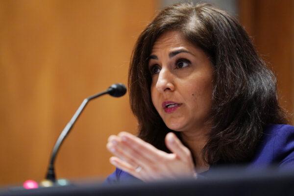 Neera Tanden, the nominee for Director of the Office of Management and Budget, speaks during a confirmation hearing before the Senate Homeland Security and Government Affairs Committee in Washington, D.C., on Feb. 9, 2021. (Leigh Vogel/Pool/Getty Images)