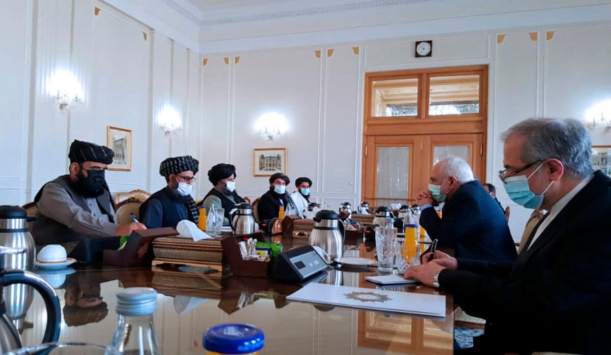 Iran's Foreign Minister Mohammad Javad Zarif (second right) meets with a Taliban political team in Tehran, Iran, on Jan. 31, 2021. (Tasnim News Agency via AP)