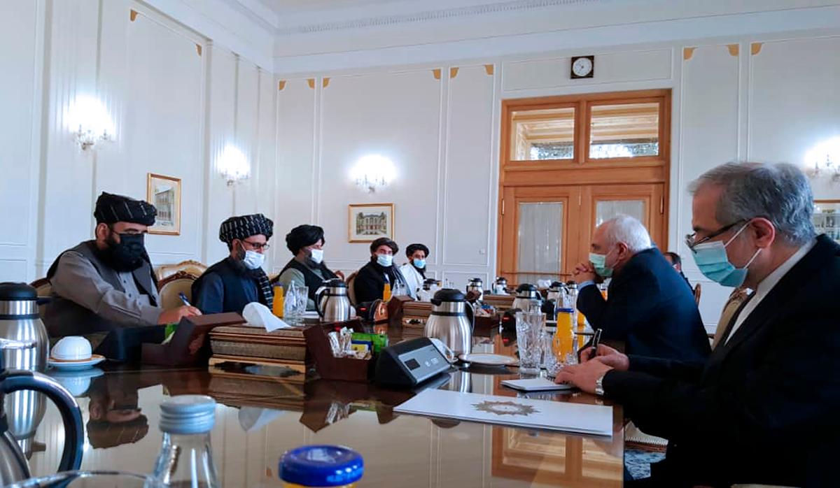 Iran's Foreign Minister Mohammad Javad Zarif, second right, meets with a Taliban political team, in Tehran, Iran, on Jan. 31, 2021. (Tasnim News Agency via AP)