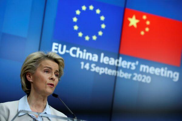  European Commission President Ursula von der Leyen is at a news conference after a virtual summit with Chinese leader Xi Jinping in Brussels, Belgium on Sept. 14, 2020. (YVES HERMAN/POOL/AFP via Getty Images)