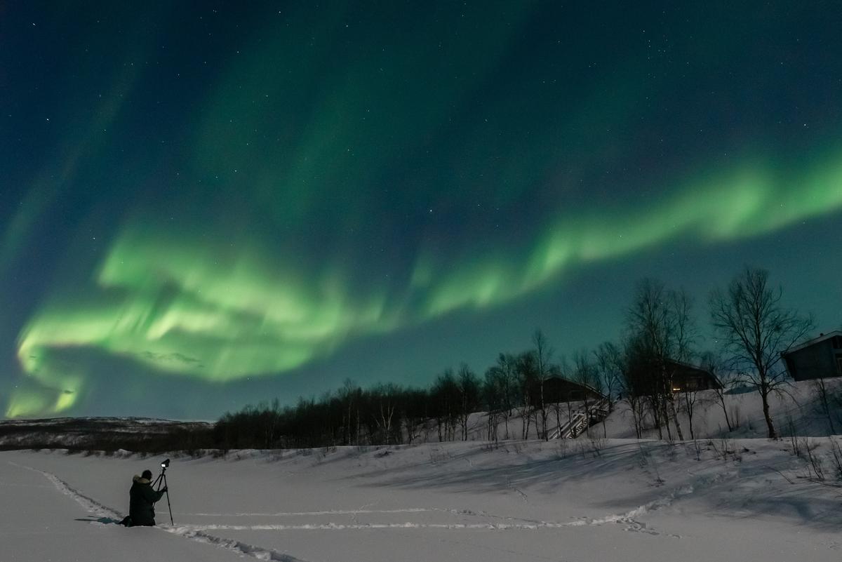 A view of the dancing lights from the frozen Teno River in March. (Courtesy of Aurora Holidays)
