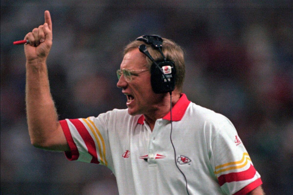 Kansas City Chiefs coach Marty Schottenheimer yells instructions to his team as they play against the Seattle Seahawks in Seattle, Wash., on Sept. 15, 1996. (Barry Sweet/AP Photo)