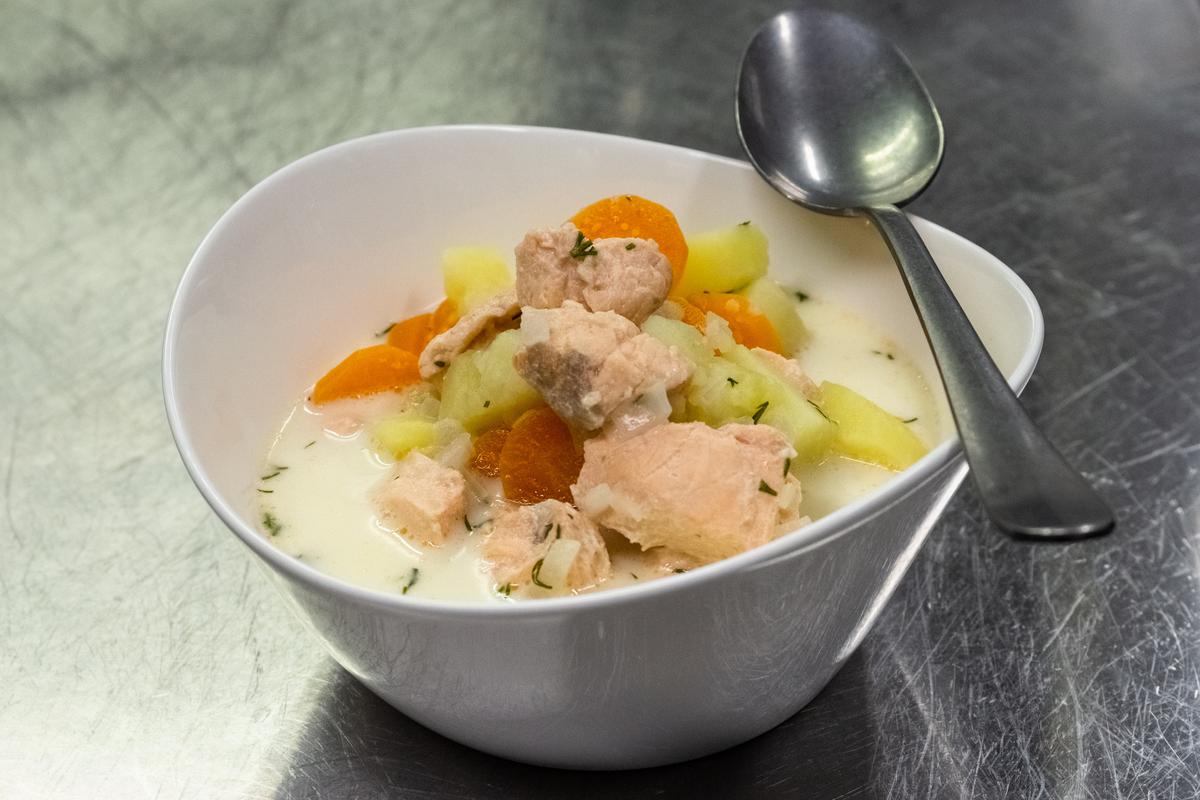 The restaurant on site serves hearty fare such as soup made with salmon from the local river. (Courtesy of Aurora Holidays)