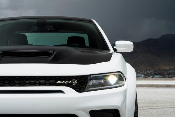 Mail-slot grille, air intake performance hood, and widebody fender flares. (Courtesy of Stellantis Media)
