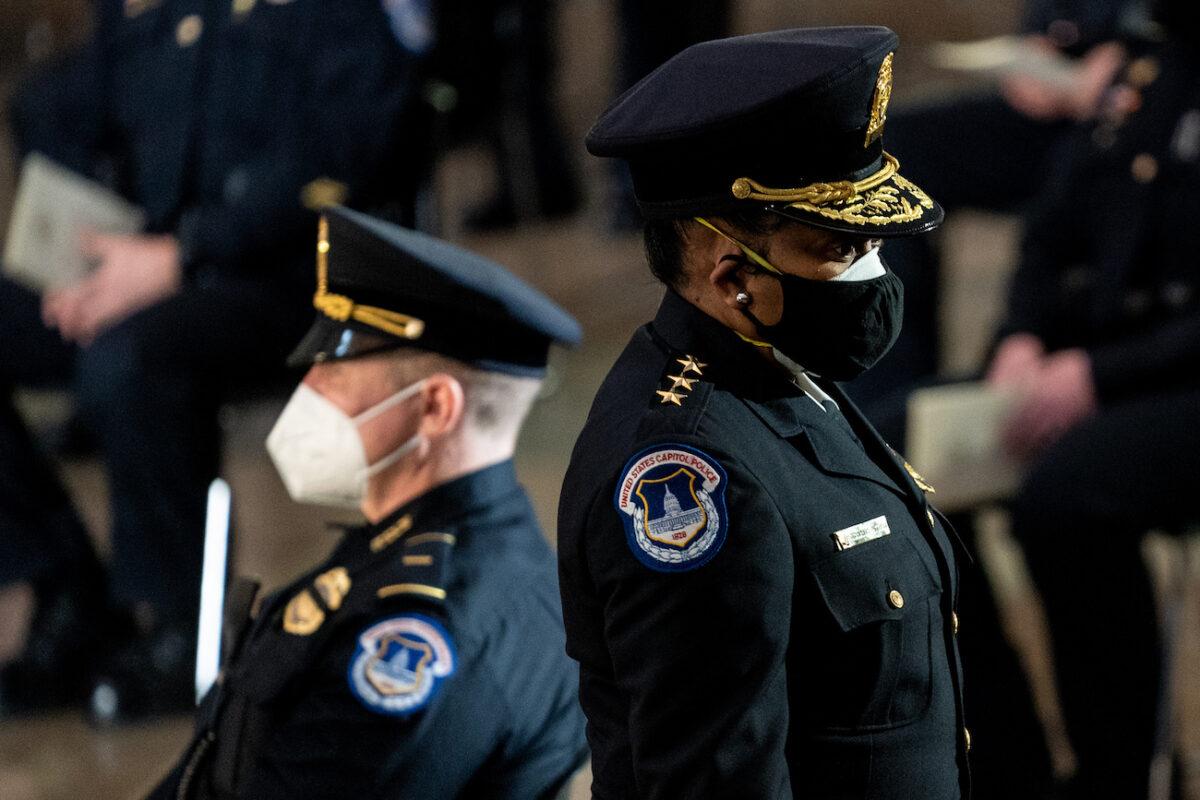 U.S. Capitol Police Acting Chief Yogananda Pittman departs at the conclusion of a congressional tribute to the late Capitol Police officer Brian Sicknick who lies in honor in the Rotunda of the U.S. Capitol in Washington, on Feb. 3, 2021. (Erin Schaff-Pool/Getty Images)