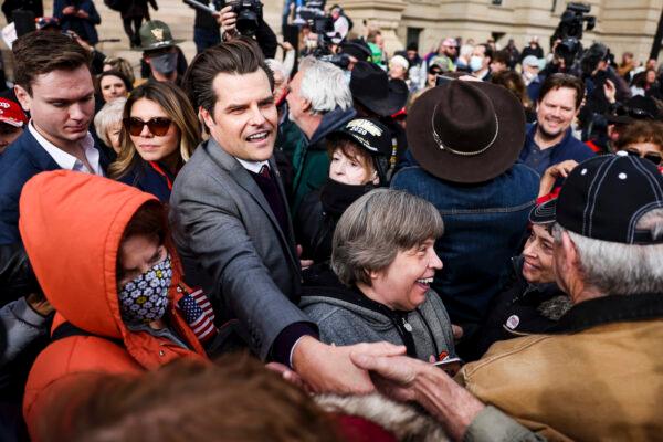 Rep. Matt Gaetz (R-Fla.) greets supporters after speaking to a crowd during a rally against Rep. Liz Cheney (R-Wyo.) in Cheyenne, Wyoming, on Jan. 28, 2021. (Michael Ciaglo/Getty Images)