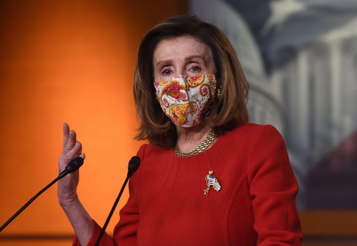  House Speaker Nancy Pelosi (D-Calif.) speaks during a press conference in Washington on Feb. 11, 2021. (Olivier Douliery/AFP via Getty Images)