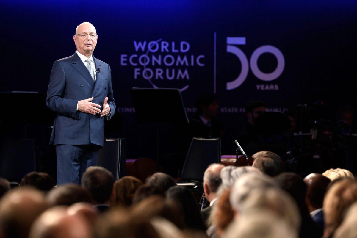 World Economic Forum founder and Executive Chairman Klaus Schwab speaks during a ceremony to mark the 50th anniversary of the World Economic Forum in Davos, Switzerland, on Jan. 20, 2020. (Fabrice Coffrini/AFP via Getty Images)