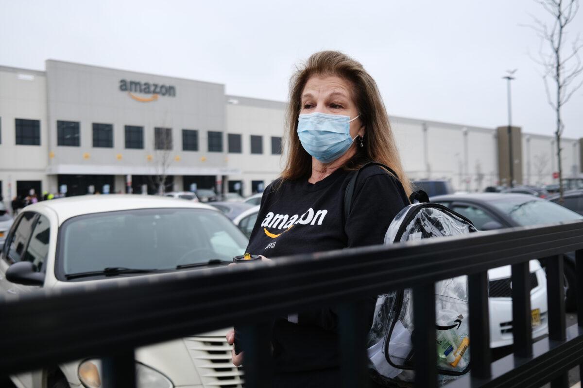 Amazon employees hold a protest and walkout over conditions at the company's Staten Island distribution facility in New York on March 30, 2020. (Spencer Platt/Getty Images)
