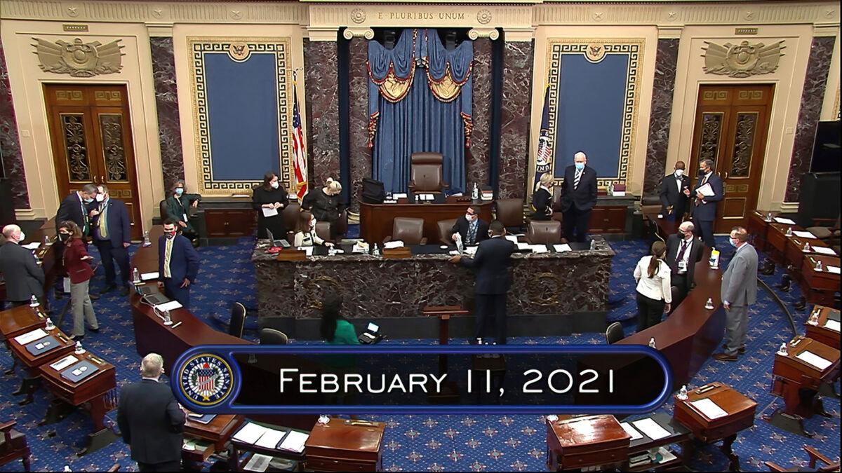 In this image from video, the Senate begins the third day in the second impeachment trial of former President Donald Trump in the Senate at the U.S. Capitol in Washington on Feb. 11, 2021. (Senate Television via AP)