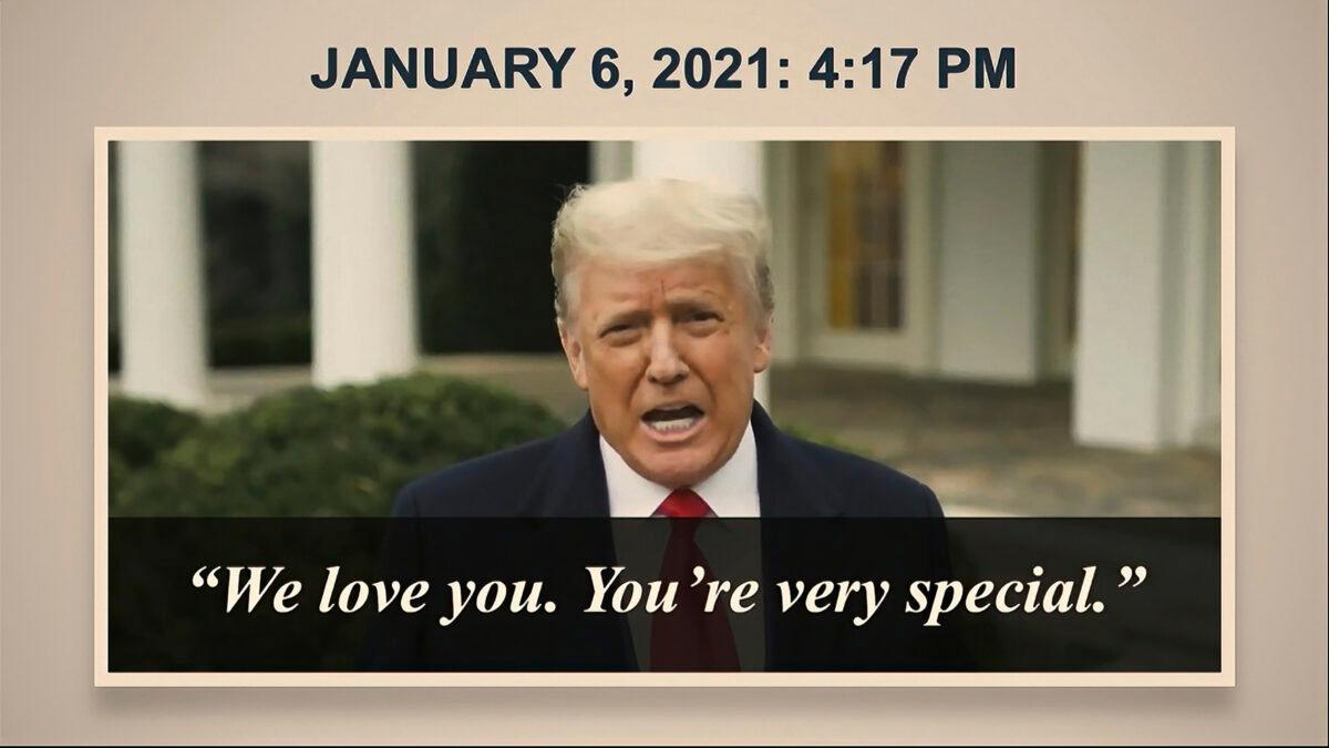 In this image from video, a video from former President Donald Trump, speaking after the breach of the U.S. Capitol on Jan. 6, is shown to senators by House impeachment managers during the second impeachment trial of Trump in the Senate at the U.S. Capitol in Washington on Feb. 10, 2021. (Senate Television via AP)