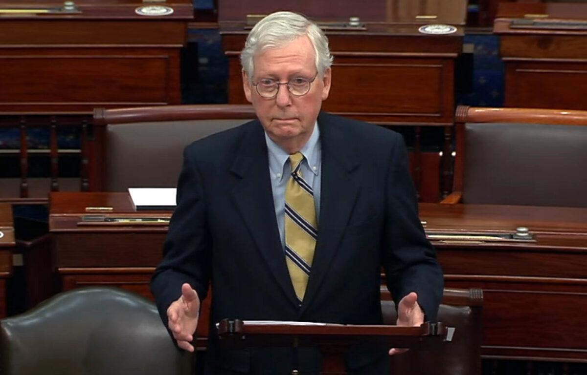 In this image from video, Senate Minority Leader Mitch McConnell (R-Ky.) speaks after the Senate acquitted former President Donald Trump in his second impeachment trial in the Senate at the U.S. Capitol in Washington on Feb. 13, 2021. (Senate Television via AP)