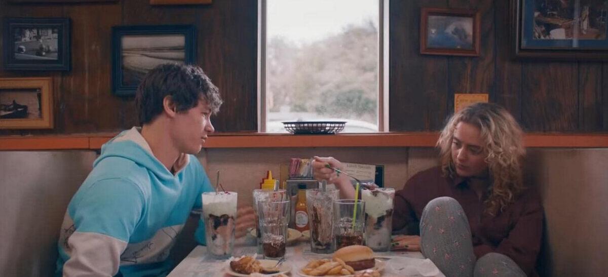 Mark (Kyle Allen) and Margaret (Kathryn Newton) have a diner breakfast, in “The Map of Tiny Perfect Things.” (Amazon Prime Video)