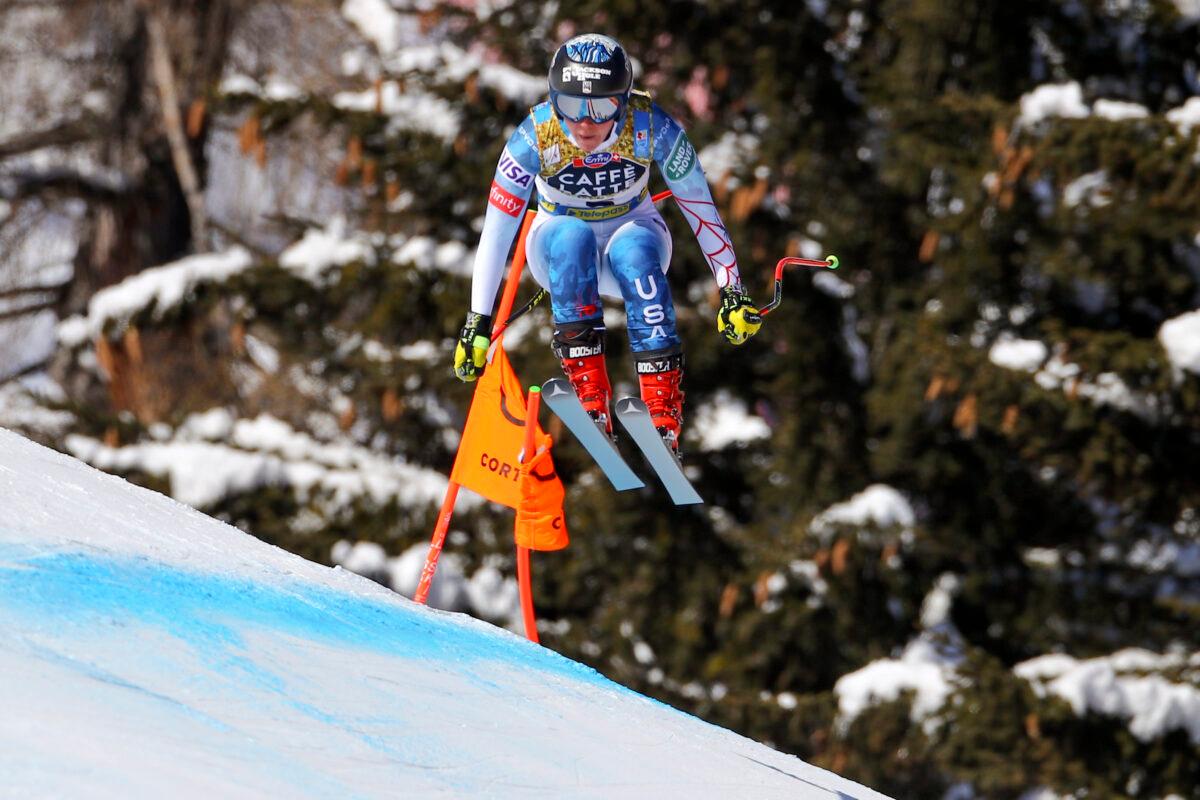 United States' Breezy Johnson speeds down the course during the women's downhill, at the alpine ski World Championships in Cortina d'Ampezzo, Italy, on Feb.13, 2021. (Marco Trovati/AP Photo)